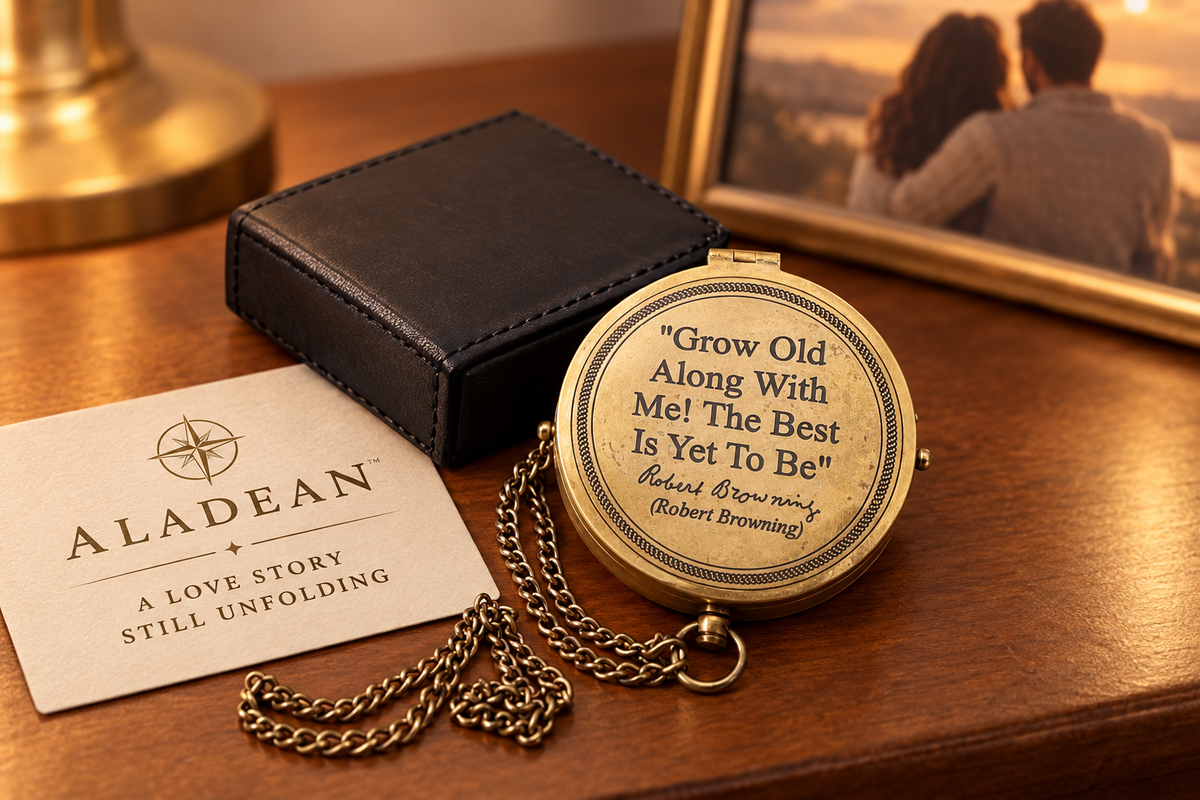 Romantic engraved brass compass displayed as a bedside keepsake