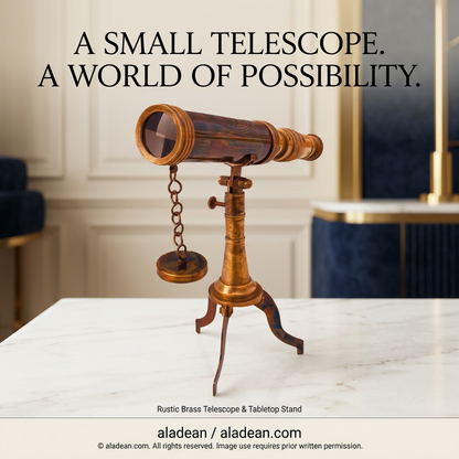 Rustic brass telescope hero ad