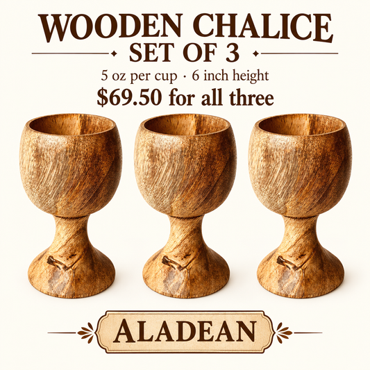 Set of three mango wood chalice goblets, 5 oz each, for Aladean retail