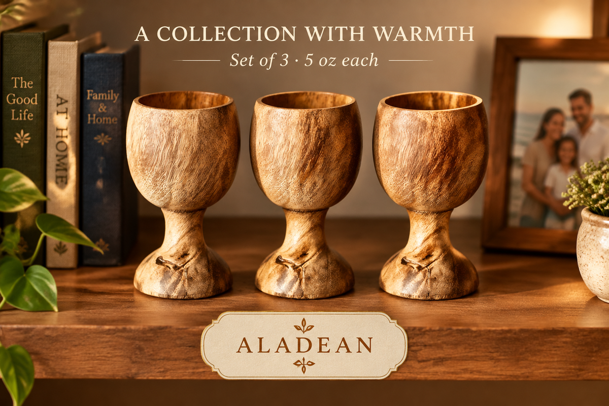 Set of three wooden chalice goblets displayed as a warm decorative collection
