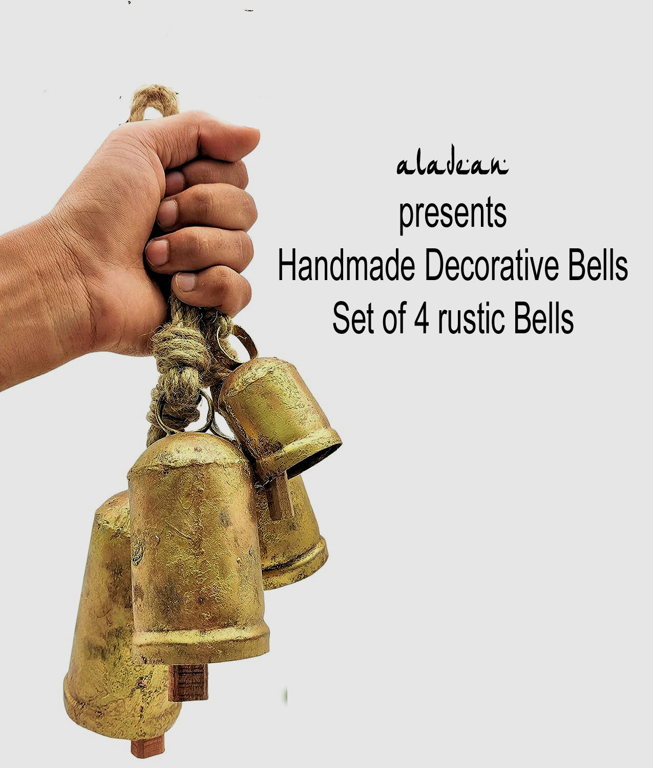 Set mit 4 Harmony-Kuhglocken im Vintage-Stil, rustikales Glücks-Weihnachts-Hängedekor, Glocken am Seil