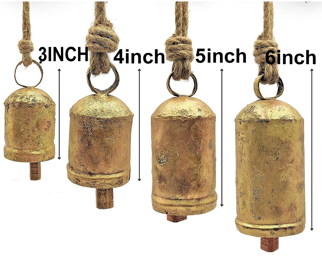 4 Large hanging Rustic Cow Bells ~ Distressed Gold hanging on a Rustic Rope