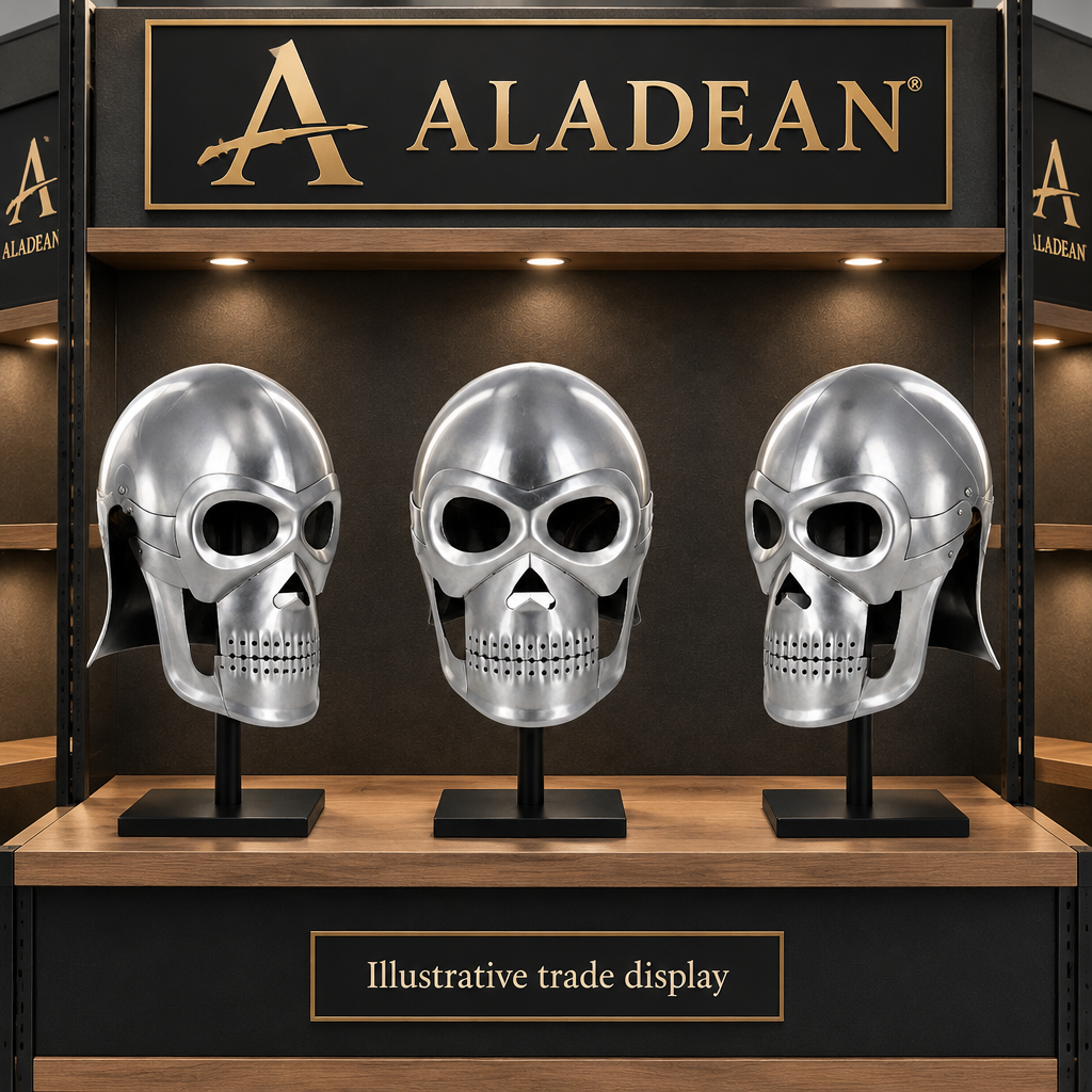 Silver skull armour helmets on an illustrative wholesale trade display