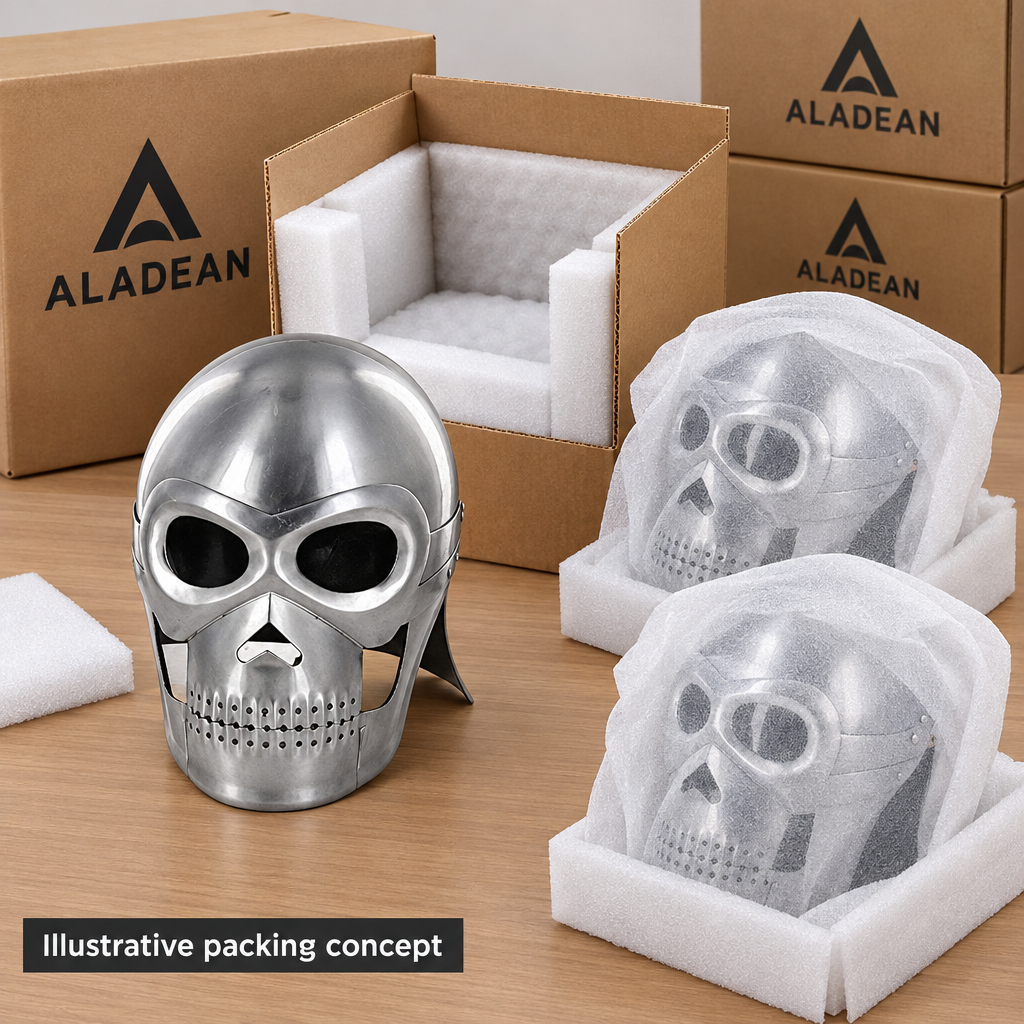 Silver skull costume helmets in an illustrative wholesale packing concept