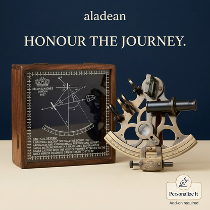Simple sextant advertisement with large product and short slogan