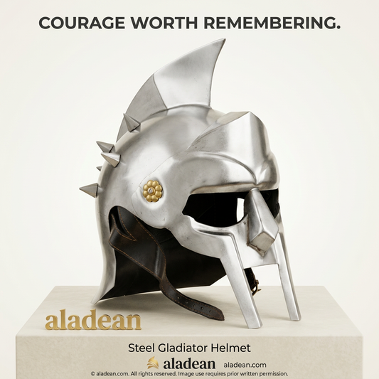 Steel gladiator helmet on a light ivory background