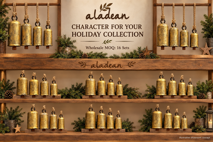 Straight-sided rustic Christmas bell sets in an Aladean wholesale showroom concept