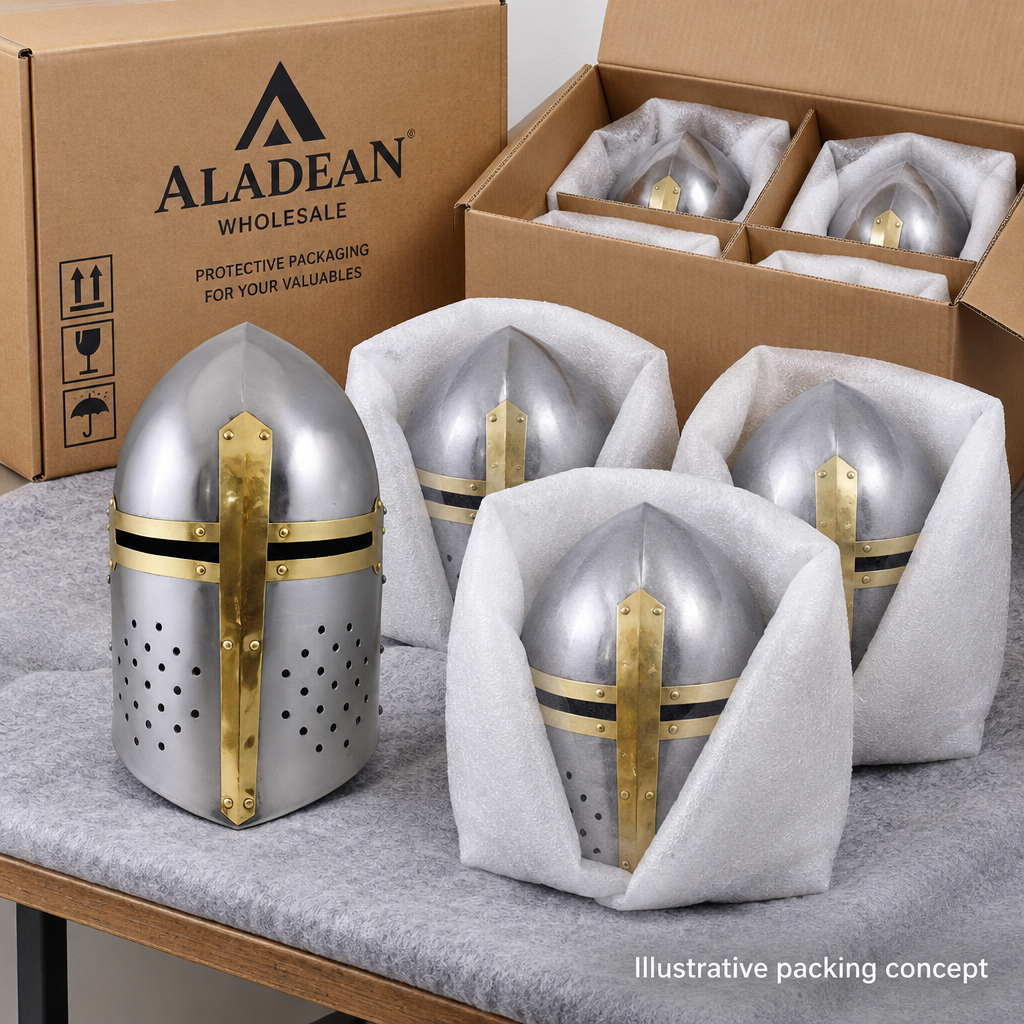 Sugarloaf medieval helmets in an illustrative wholesale packing concept