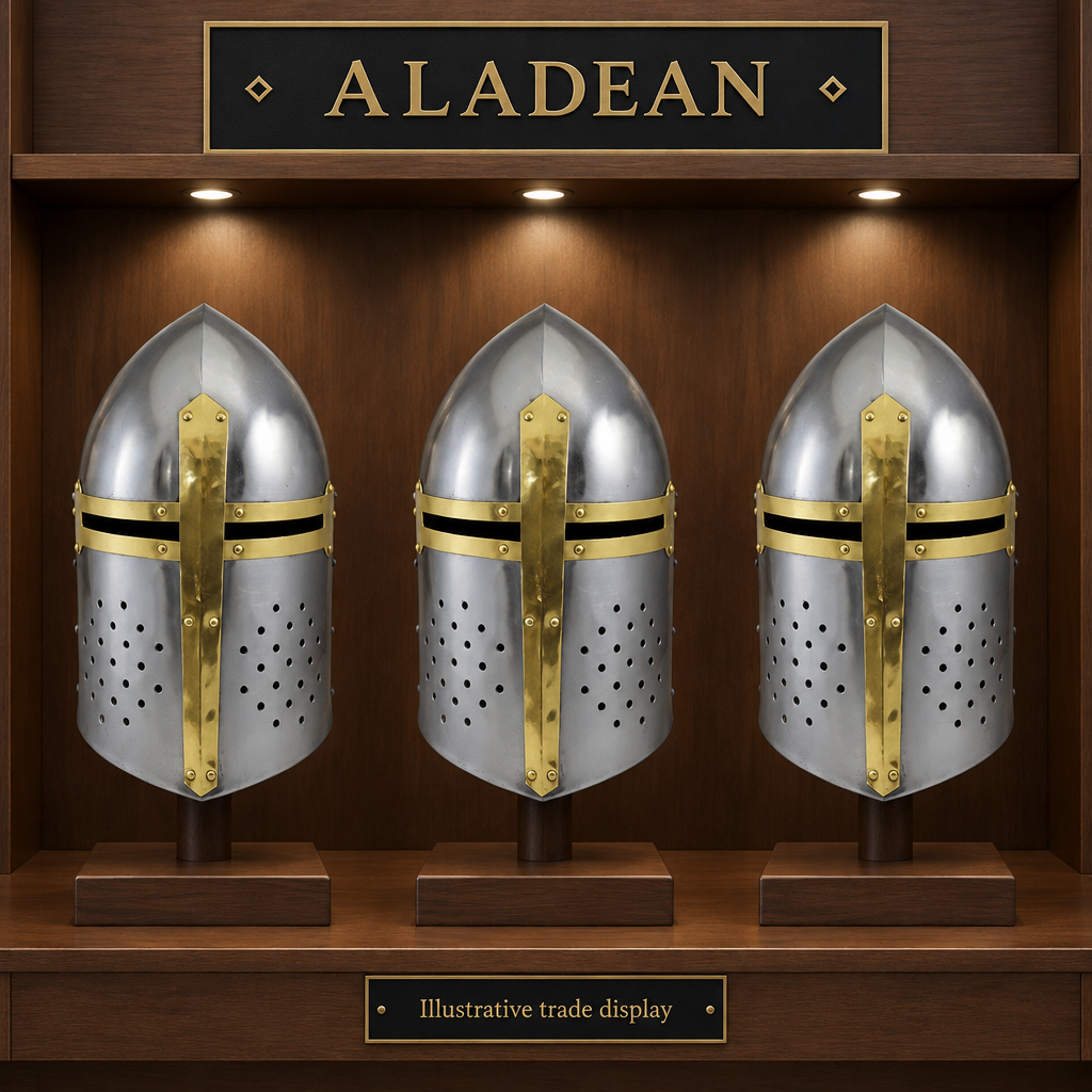 Sugarloaf medieval helmets on an illustrative wholesale trade display
