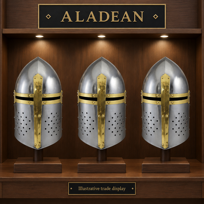 Sugarloaf medieval helmets on an illustrative wholesale trade display