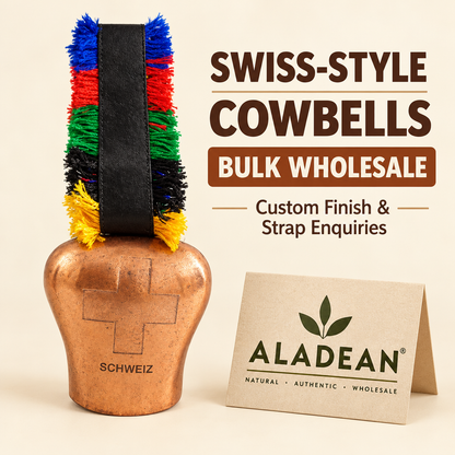 Swiss-style copper-finish cowbell with decorative strap for Aladean wholesale