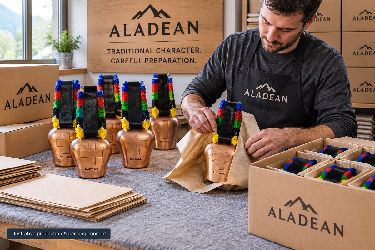 Swiss-style cowbells being protectively wrapped for bulk wholesale orders