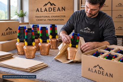 Swiss-style cowbells being protectively wrapped for bulk wholesale orders