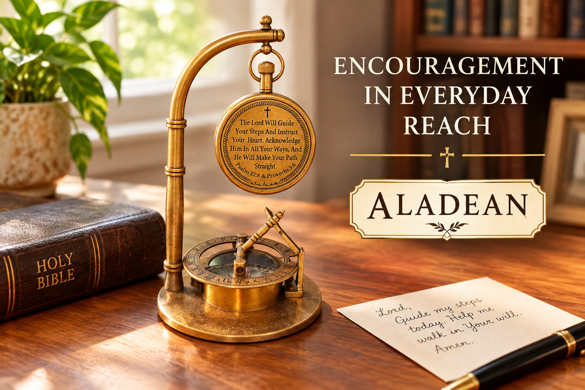The Lord Will Guide brass clock displayed beside a Bible as a faith keepsake