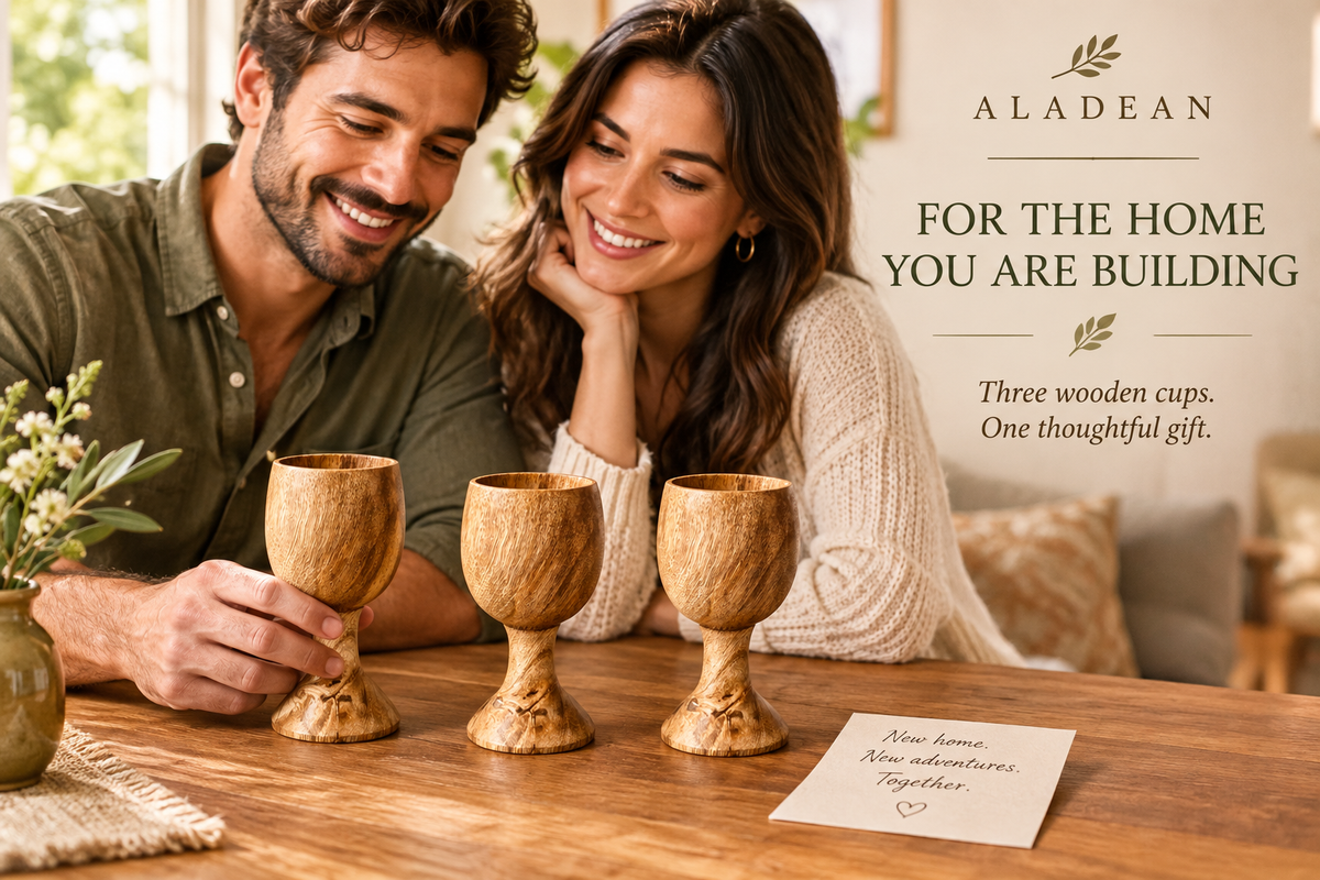 Three matching wooden chalice cups presented as a housewarming gift