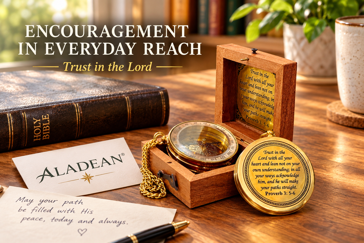 Trust in the Lord brass compass and wooden box displayed beside a Bible