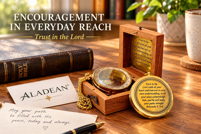 Trust in the Lord brass compass and wooden box displayed beside a Bible