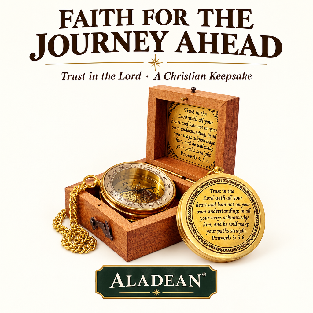 Trust in the Lord engraved brass compass with chain and wooden keepsake box