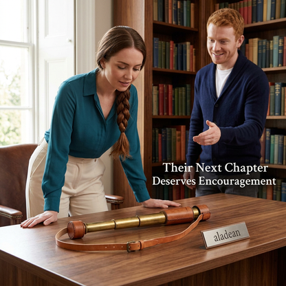 UK-inspired library gift advertisement with leather spyglass