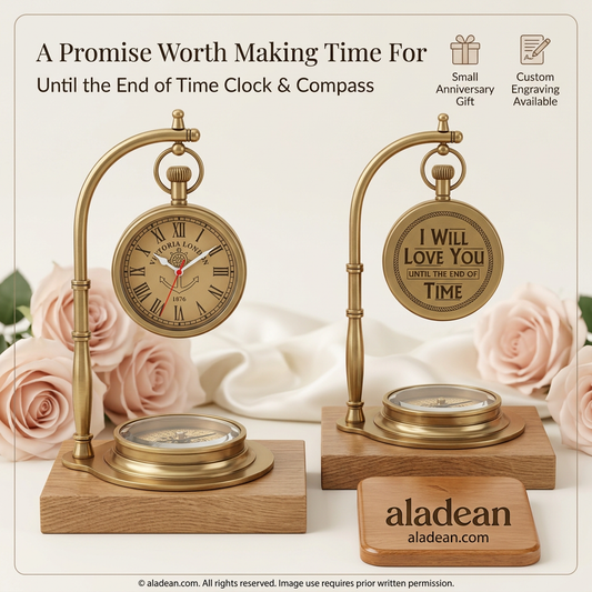 Until the End of Time brass clock with compass