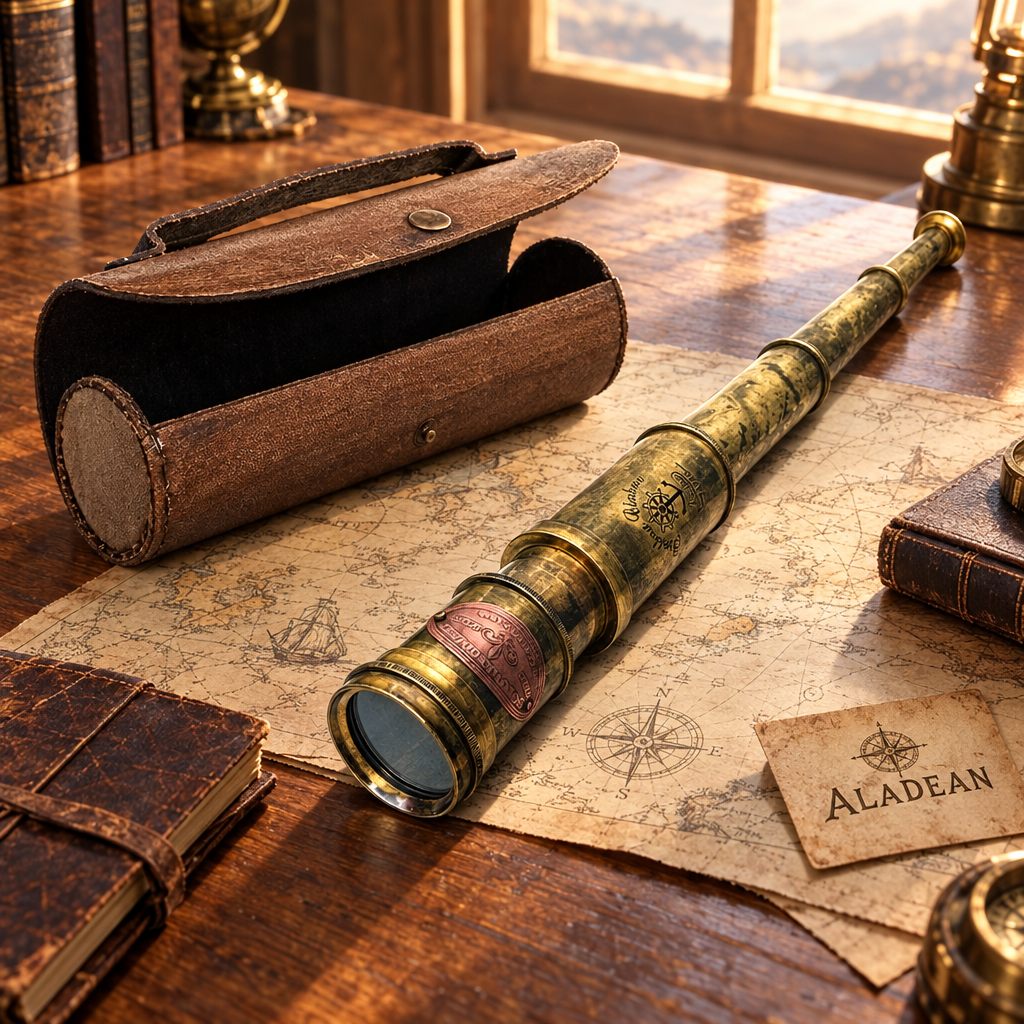 Vintage-inspired brass spyglass on an explorer’s desk