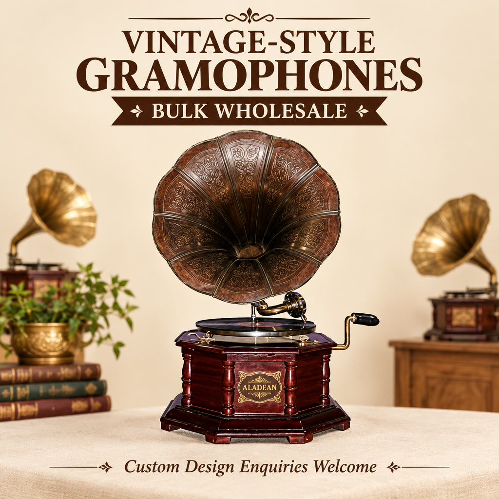 Vintage-style brass gramophones with wooden cabinets for Aladean wholesale decor projects