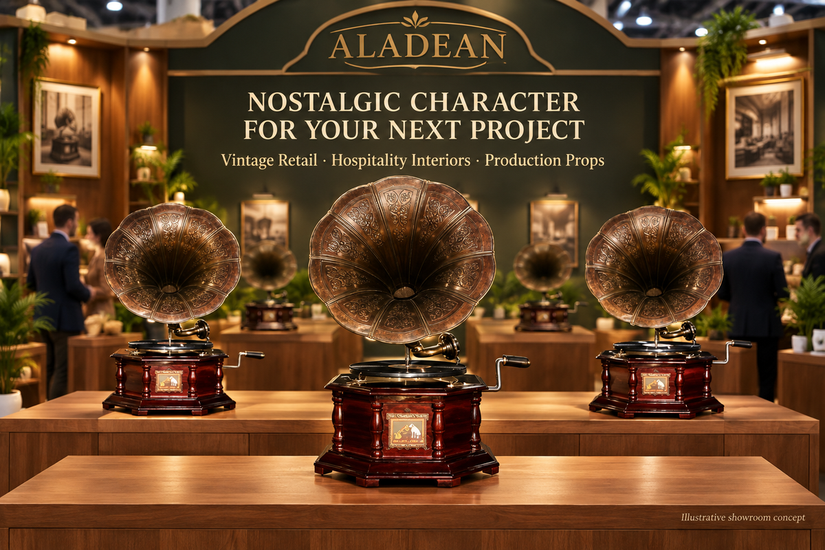Vintage-style gramophones displayed for wholesale hospitality, retail and production-prop buyers