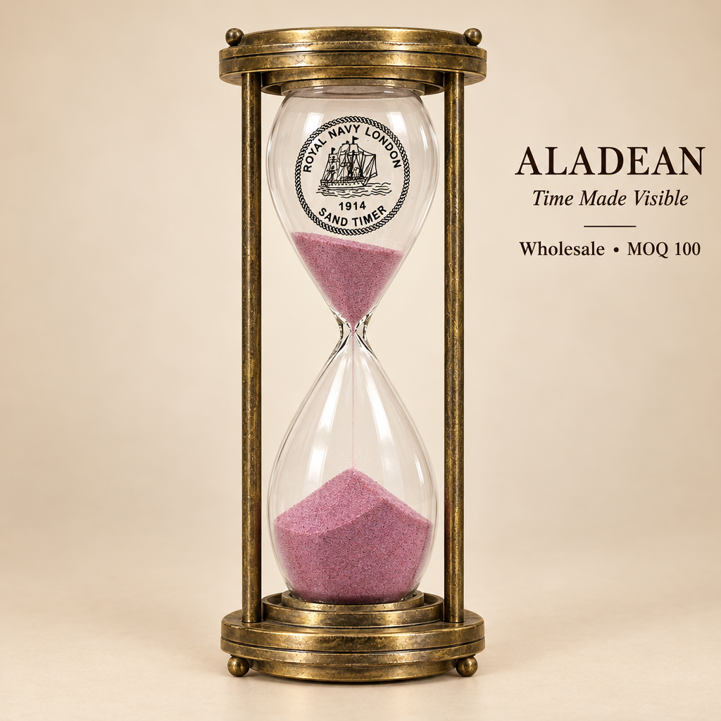 Wholesale antique-finish brass hourglass with pink sand