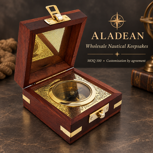 Wholesale brass nautical compass in an ornate wooden box