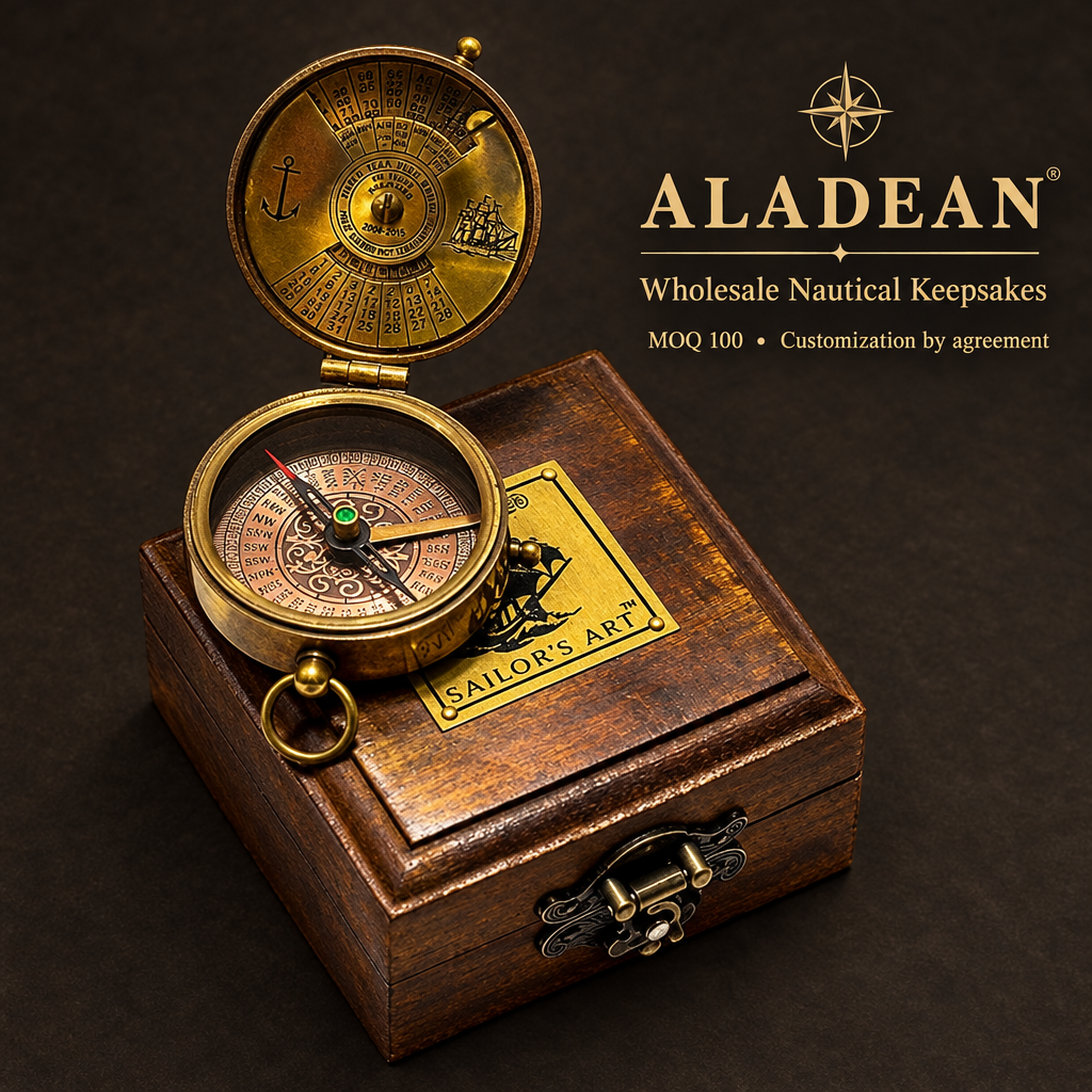 Wholesale brass pocket compass with calendar-style lid and wooden box