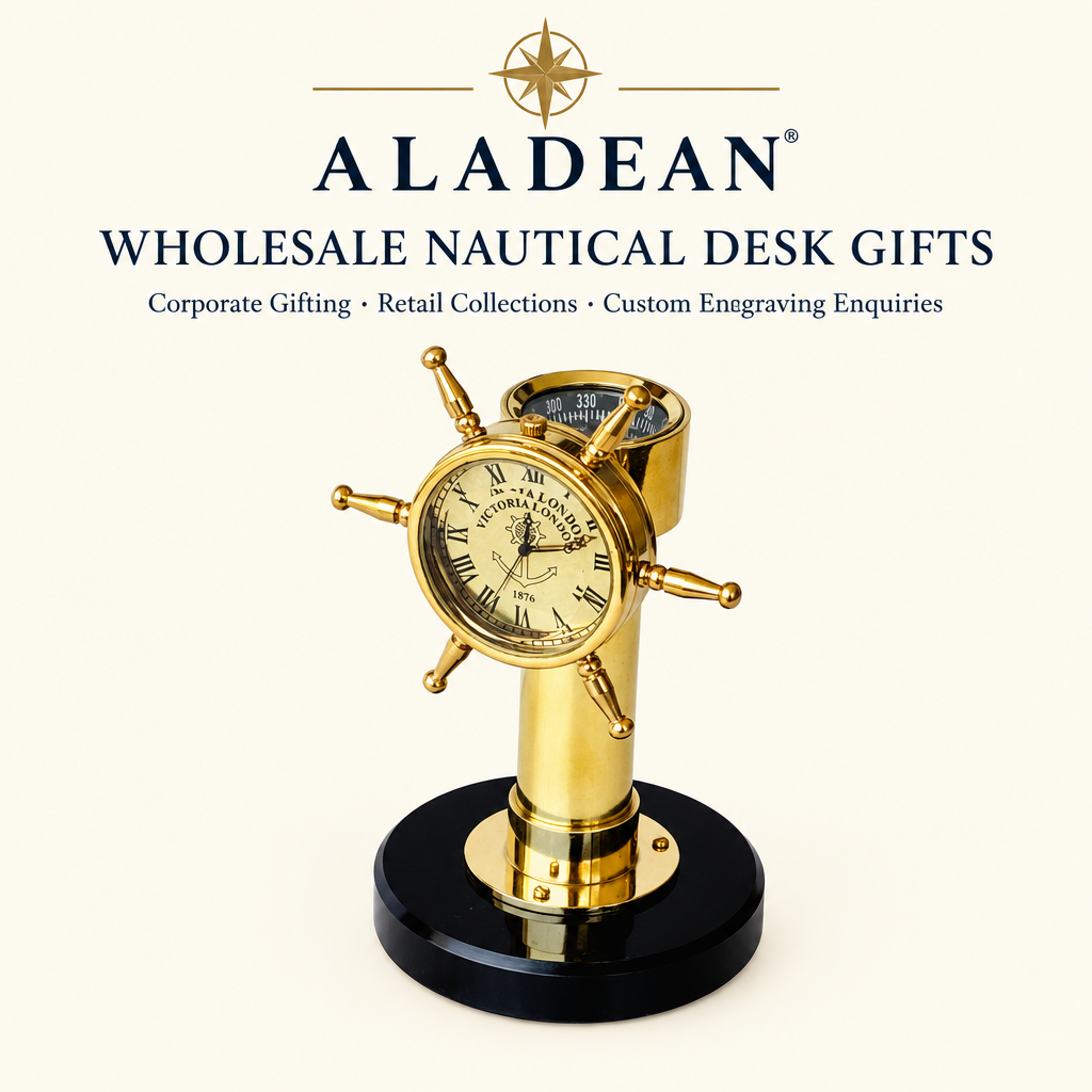 Wholesale brass shipwheel desk clock advertisement for corporate and nautical gift buyers