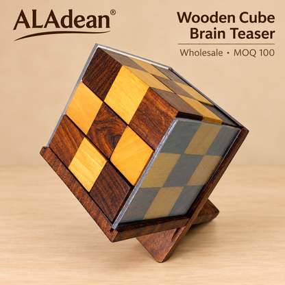 Wholesale two-tone wooden cube brain teaser with transparent panels and support