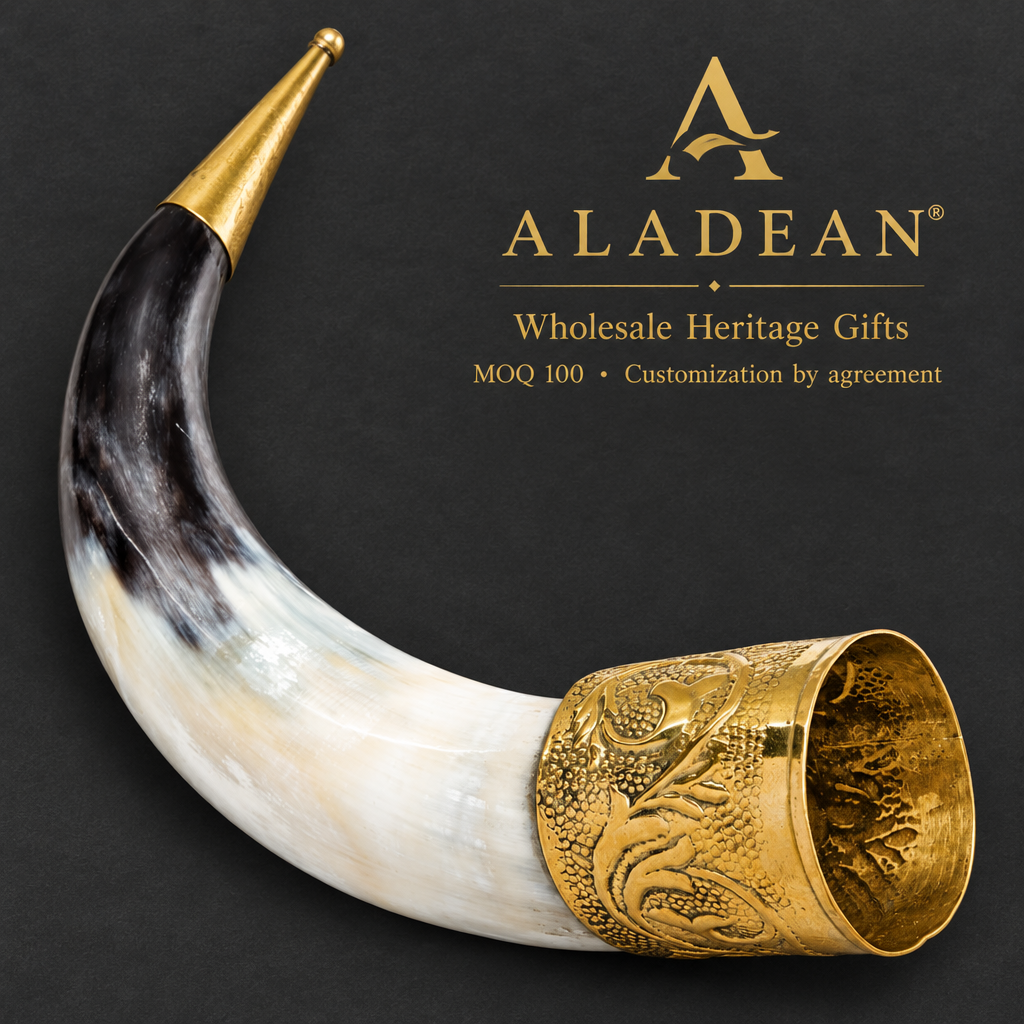 Wholesale Viking chieftain natural horn with ornate brass rim and tip