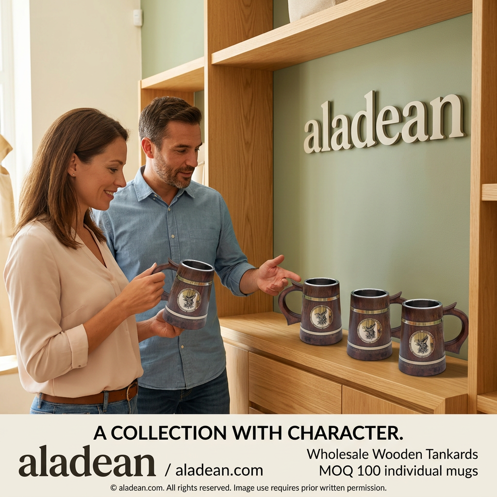 Wholesale wooden tankard retail display ad