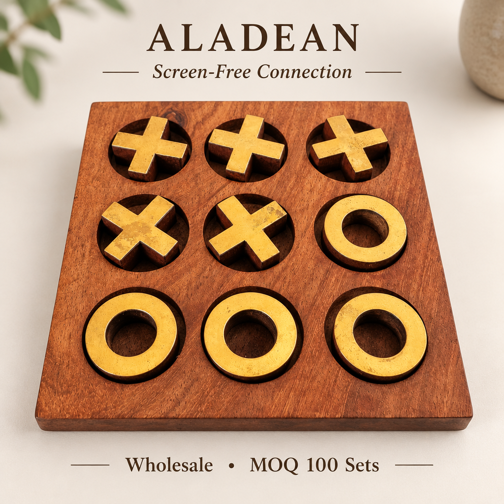 Wholesale wooden tic tac toe board with gold-toned X and O pieces