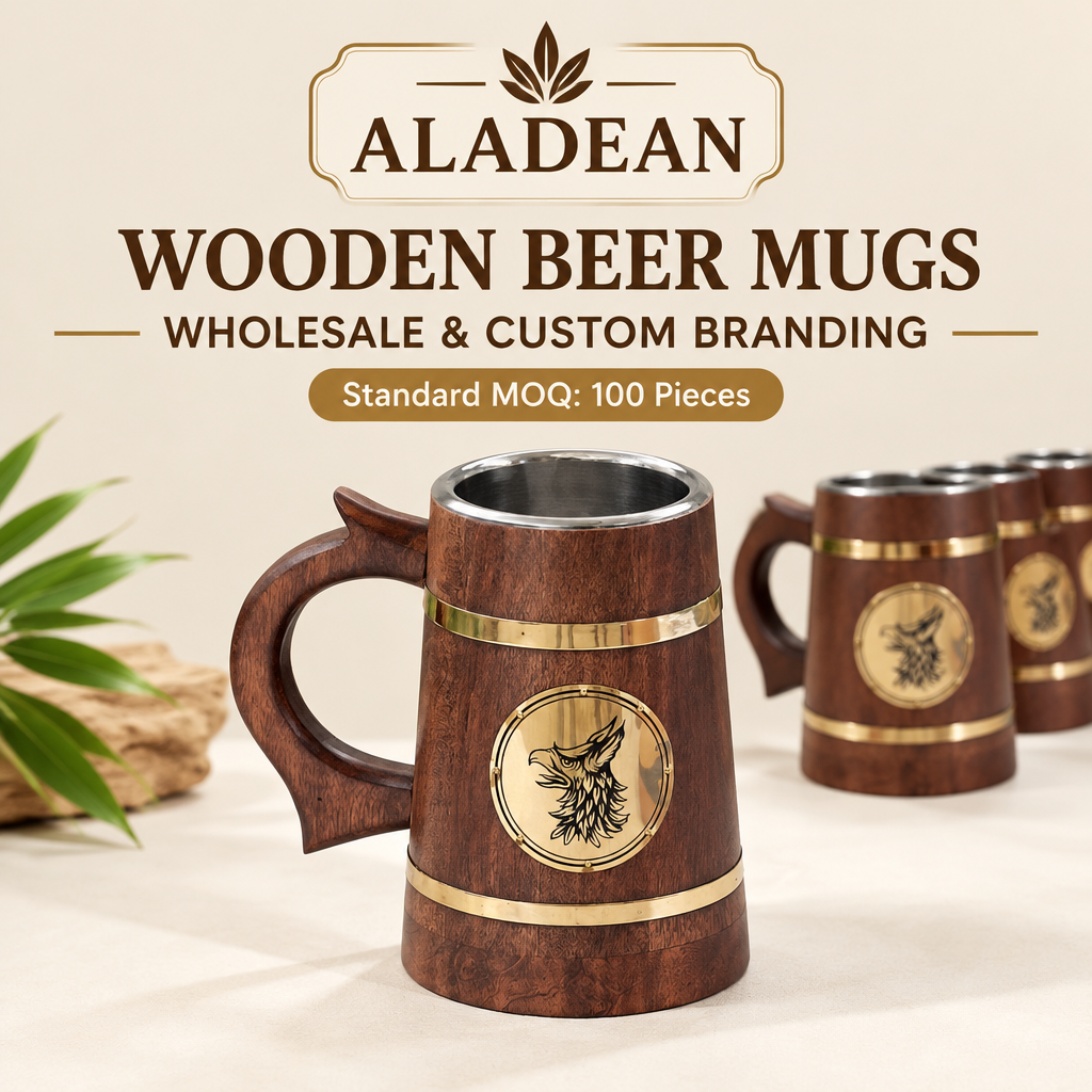 Wooden beer mug with stainless steel liner for Aladean wholesale and custom branding