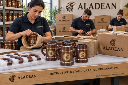 Wooden beer mugs being protectively packed for bulk wholesale orders