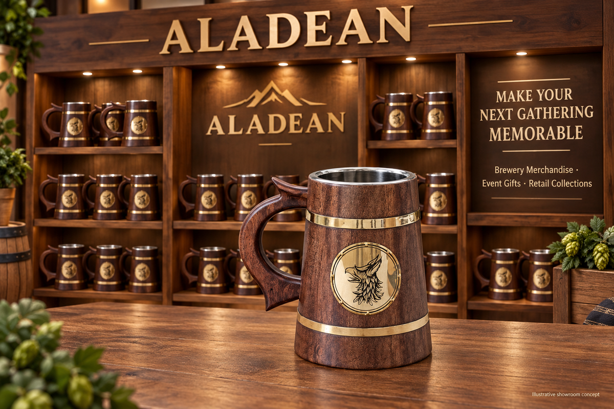 Wooden beer mugs displayed for brewery merchandise, event gifts and retail collections