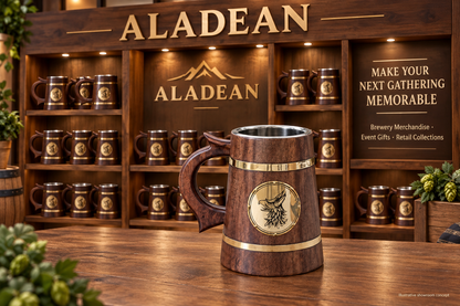 Wooden beer mugs displayed for brewery merchandise, event gifts and retail collections