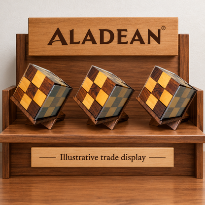 Wooden cube desk gifts on an illustrative wholesale trade display