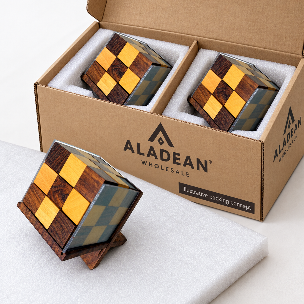 Wooden cube puzzles in an illustrative wholesale packing concept