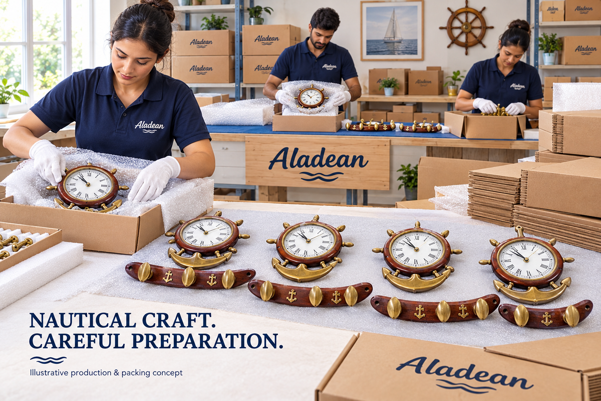 Wooden ship wheel anchor clocks with protective wrapping for bulk wholesale orders