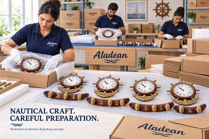 Wooden ship wheel anchor clocks with protective wrapping for bulk wholesale orders