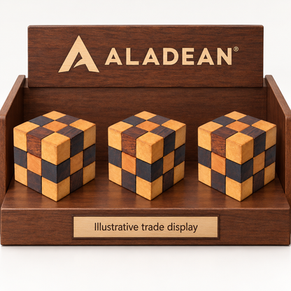 Wooden snake cube desk gifts on an illustrative trade display