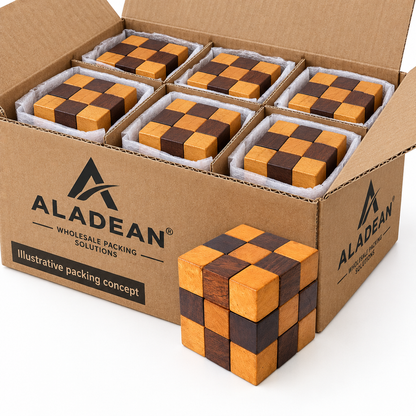 Wooden snake cube puzzles in an illustrative wholesale packing concept