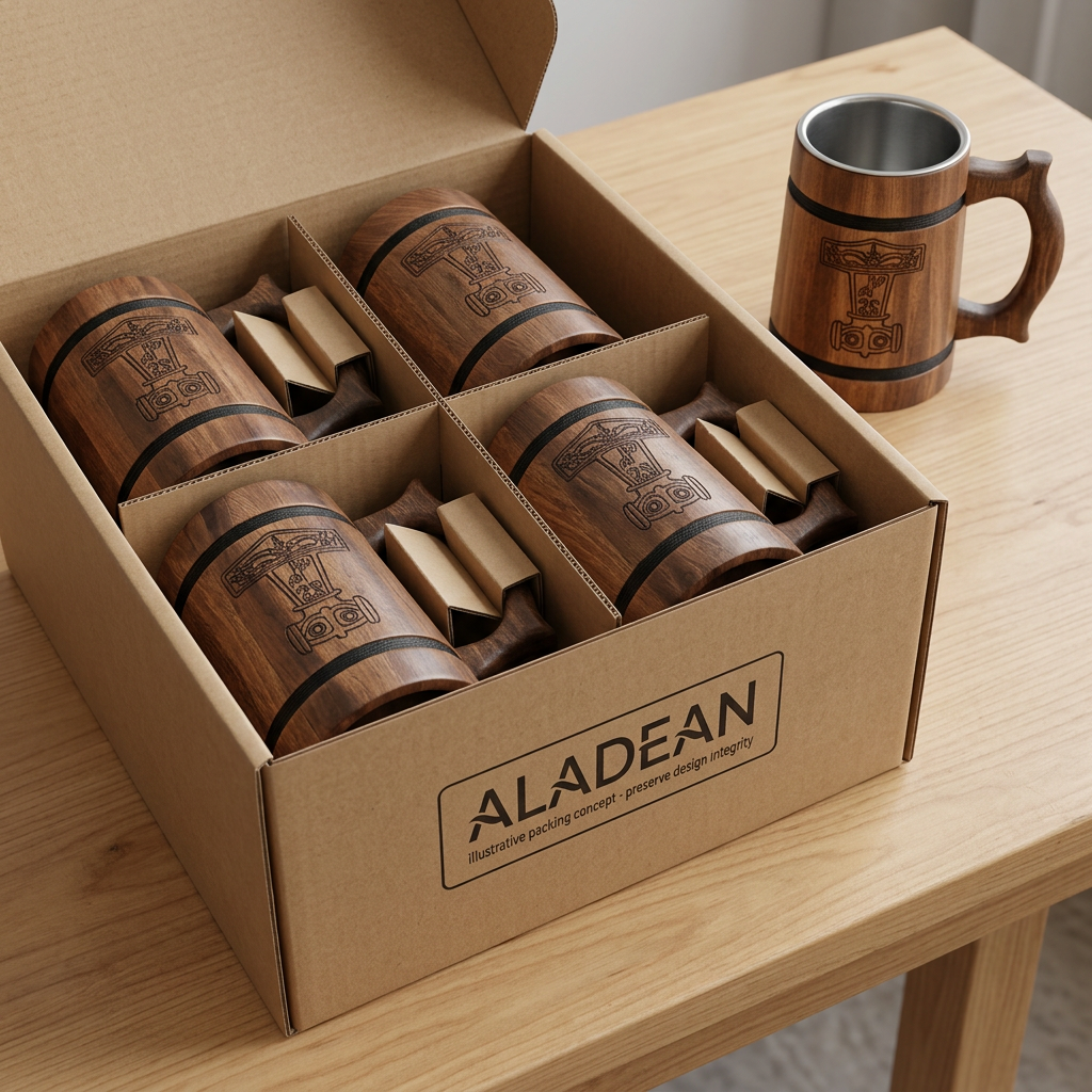 Wooden tankard mugs in an illustrative protective packing concept