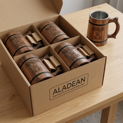 Wooden tankard mugs in an illustrative protective packing concept