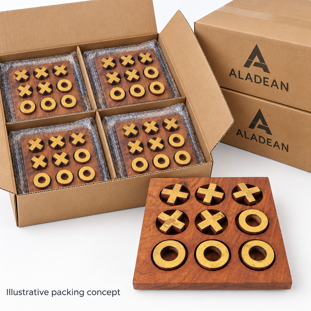 Wooden tic tac toe sets in an illustrative wholesale packing concept