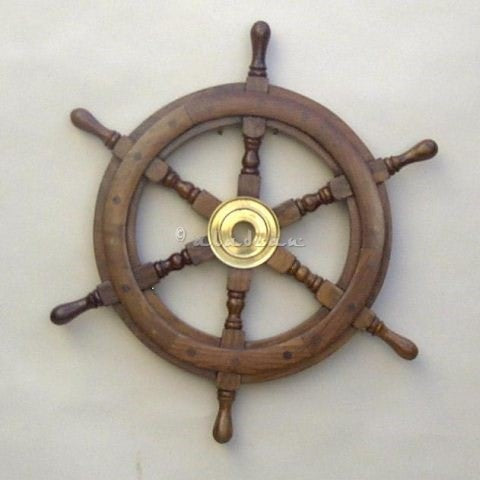 Solid Wood Ship Wheel with Brass Inlay - 13"