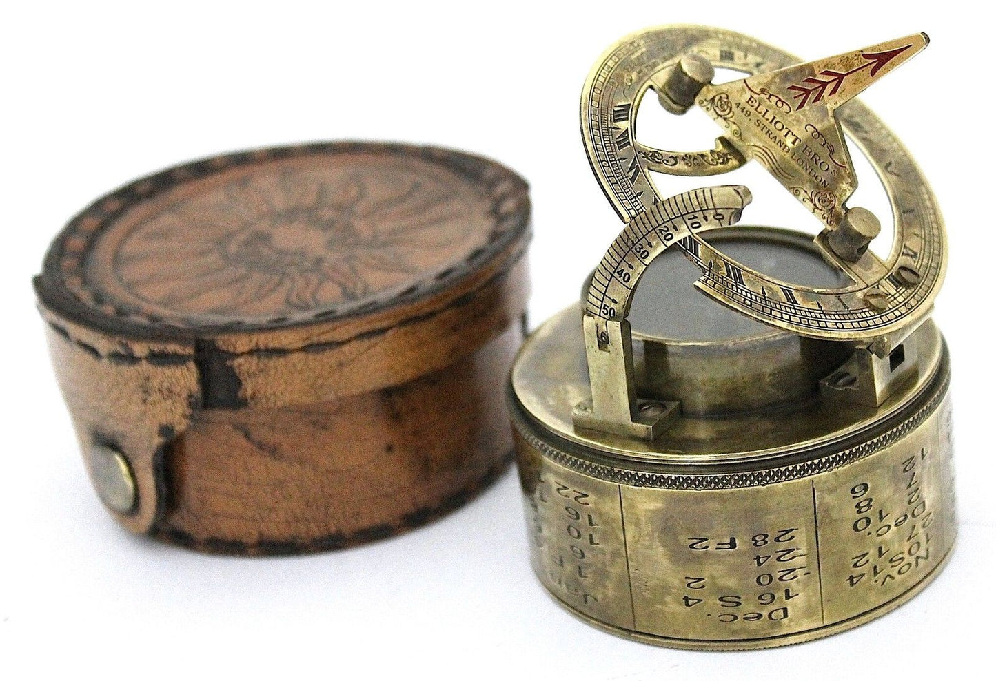 Vintage Messingtrommel-Sonnenuhr-Kompass mit Lederbezug